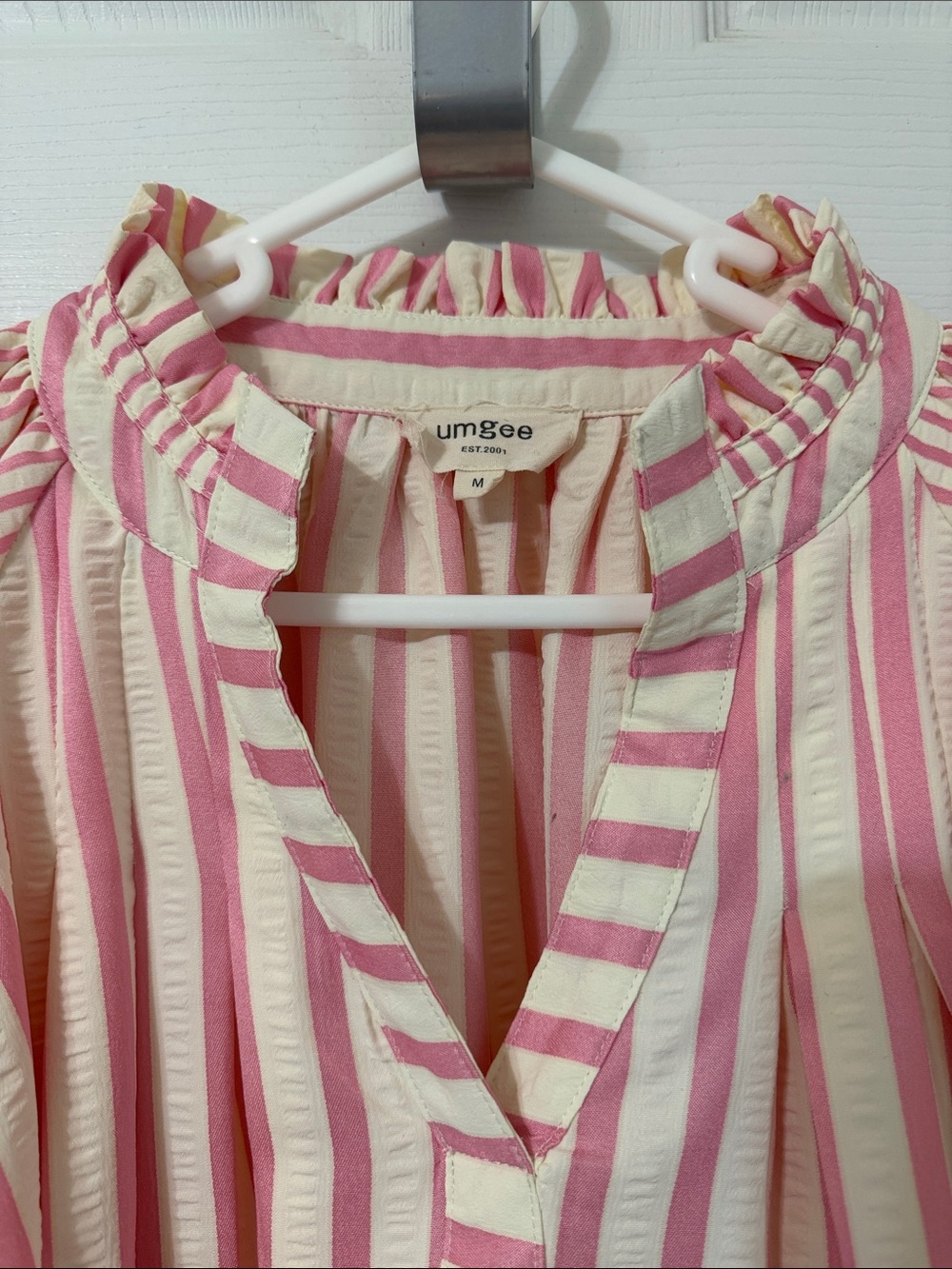 Umgee Pink and Cream Striped Ruffle Top - Picture 4 of 8